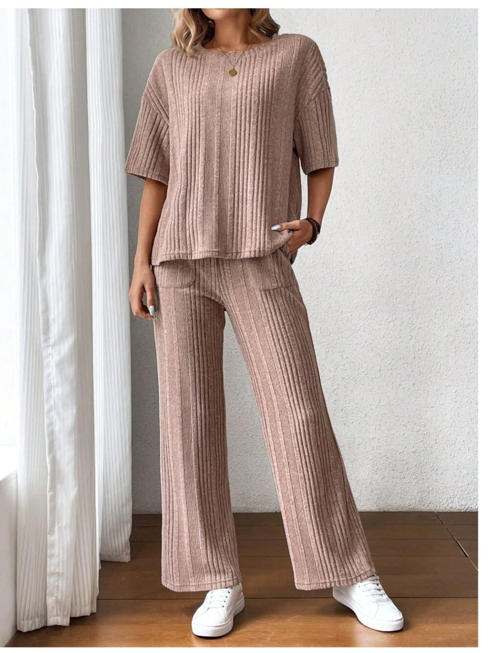 Apricot Ribbed Lounge Set Wide Leg Pants Size Large - Picture 3 of 7
